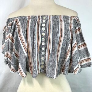 ANGIE NEW Off The Shoulder Striped Cropped Ruffles Button Front Top Women S Boho